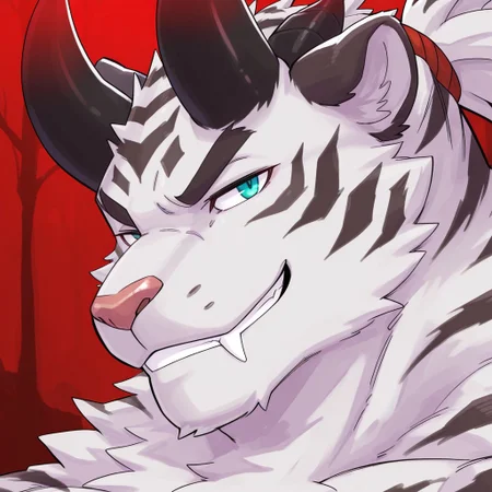 masterpiece,best quality,amazing quality, 1boy, solo, WhiteTiger, black horn with red tip, demon horn, furry, close up, side angle, smirk,