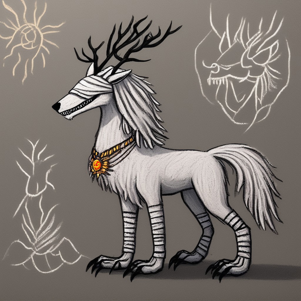 ch4lkdr4wing, chalk, bbvicamelia, white fur, sharp teeth, claws, paws, digitigrade, golden pendant necklace, bandages, upper body