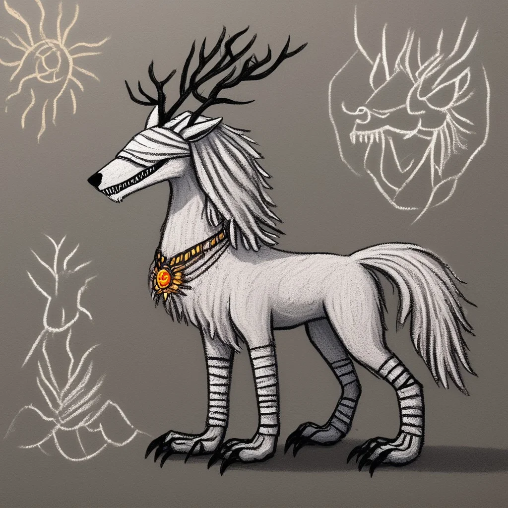 ch4lkdr4wing, chalk, bbvicamelia, white fur, sharp teeth, claws, paws, digitigrade, golden pendant necklace, bandages, upper body