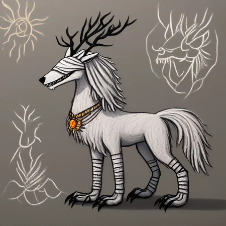 ch4lkdr4wing, chalk, bbvicamelia, white fur, sharp teeth, claws, paws, digitigrade, golden pendant necklace, bandages, upper body