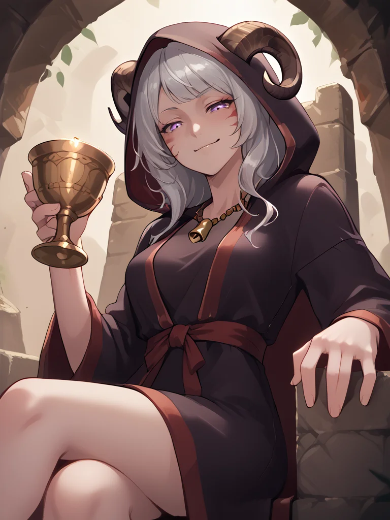 source_furry, score_7_up, rating_safe, source_anime:1.2, 
chalice, holding chalice, wine, 
tiefling_bard_Diana:1.2, silver hiar,  robe:1.2,  solo, close up, cave,  sitting on stone throne:1.2, naughty face, swept bangs, ruins, from below, bell necklace, 
purple eyes, <lora:whisker_markings:0.4>red whisker_markings, 
 <lora:Nanoless_Artist_Style_PonyXL:0.2> <lora:age_slider_v4:0.7> 
<lora:Test_Diana:0.8>, hood up, 
<lora:Smooth Style 2 SDXL_LoRA_Pony Diffusion V6 XL:0.3>
 <lora:chalice:1>