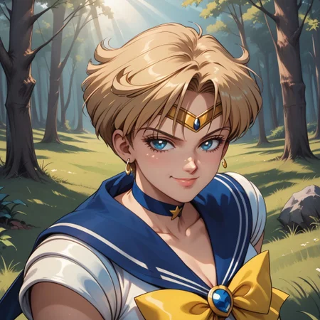 score_9, score_8, BREAK, solo, Sailor Uranus, blonde short hair, sailor senshi uniform, darkblue boots, circlet, darkblue skirt, darkblue sailor collar, yellow bowtie, darkblue choker, white gloves, sexy pose, self portrait, smile, outdoors, sunlight, shadows, evening lighting, natural lighting, forest, trees, grass, orange sky, sunset