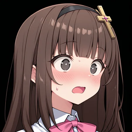 <lora:Exorcist_Girl_Charlotte__Mizuki_Konoe:0.8>
mizukikonoe, solo, open mouth, simple background, white shirt, collared shirt, sweatdrop, pink bowtie, black background, portrait, surprised, hair ornament, cross, slight blush, wide eyed
masterpiece,best quality,amazing quality,