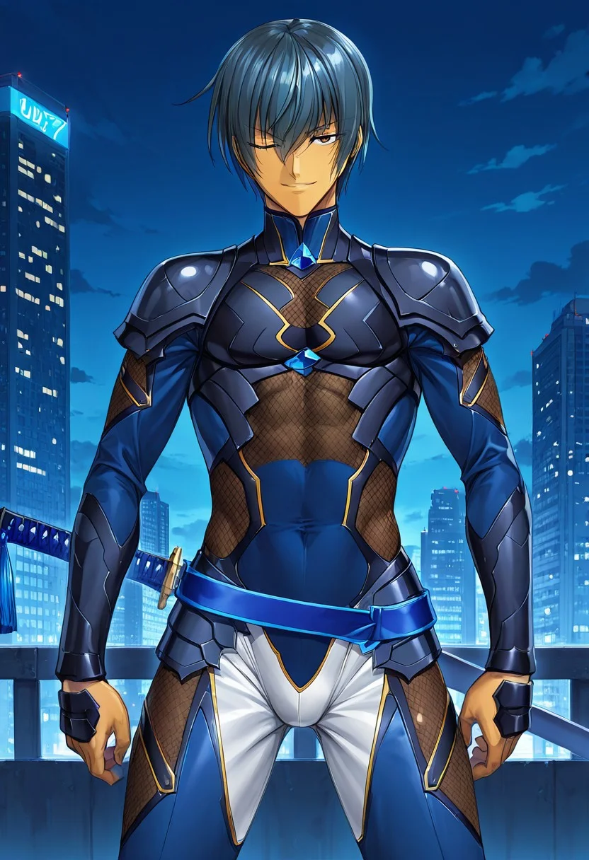 score_9,score_8_up,score_7_up,source_anime,5_figner,2d_animation,game cg,BREAK,1boy,solo,closes right eye,
Fuuma Kotarou,short hair,black hair,dark-skinned male,toned
bodysuit,shoulder armor,armor,legs apart,fishnets
belt,tassel,sheathed,katana,
cowboy shot,smile,naughty face,
front view,standing,looking at viewer,
skyscraper, neon light, starry, edge, tile,outdoor,cloud,
masterpiece,best qualit,ultra-detailed,illustration,an extremely delicate and beautiful,beautiful detailed eyes,unity 8k wallpaper,high resolution,anime CG,official_art,