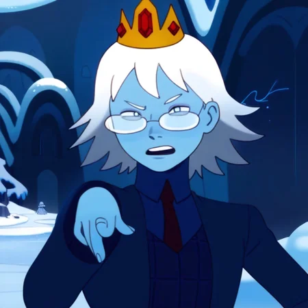 1boy, winter_king,blue skin, white hair, short hair, blue vest, blue jacket, necktie, opaque glasses, crown,aid291,Expressiveh, solo, , Th1sUs3r, pointing electricity