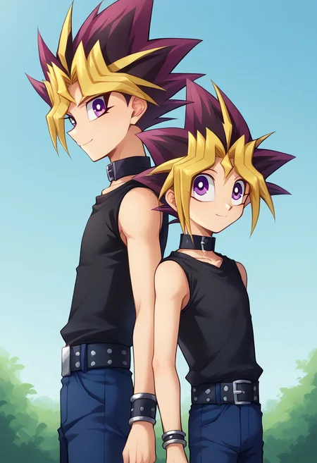 score_9, score_8_up, source_anime, highly detailed, 2boys,
yami, 1boy, male focus, blonde hair, purple eyes, multicolored hair, shirt, black shirt, shirtless, spiked hair, BREAK
yugi, 1boy, male focus, dyed bangs, spiked hair, blonde hair, purple hair, dyed bangs, pants, bangs, shirt, blue pants, purple eyes, black shirt, sleeveless, multicolored hair, belt,
outdoor, upper body, height difference, smile,