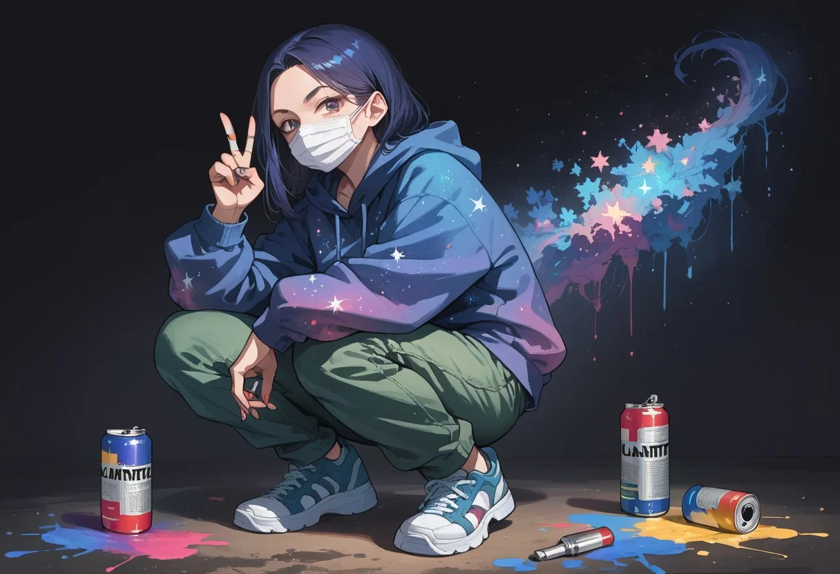 lazyup7, source_anime, 1girl, squatting, hoodie, mouth mask, cargo pants, sneakers, v, posing, holding spray paint can, paint drips, dark background, galaxy graffiti, dark clothing, galaxy clothing