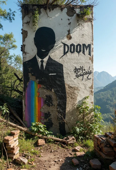 Weathered-graffiti, a skyscraper with a crumbling wall from an abandoned building, where the plaster is peeling, exposing rough bricks beneath. Some of the bricks have fallen out and now lie scattered on the ground, overgrown with moss and creeping plants. Faint remnants of a black weathered old spray mural remain, now completely black, showing the weathered Graffiti of the distorted pastel Rainbow colorful vertical striped silhouette with a Smiling Megacorp ceo buying the world. Above him, the word "DOOM" is written in large, chipped letters, blending into the decayed surface. The entire scene feels dystopian and hyper-realistic, with intricate details capturing the eerie atmosphere of abandonment and decay. Blue Sky backdrop