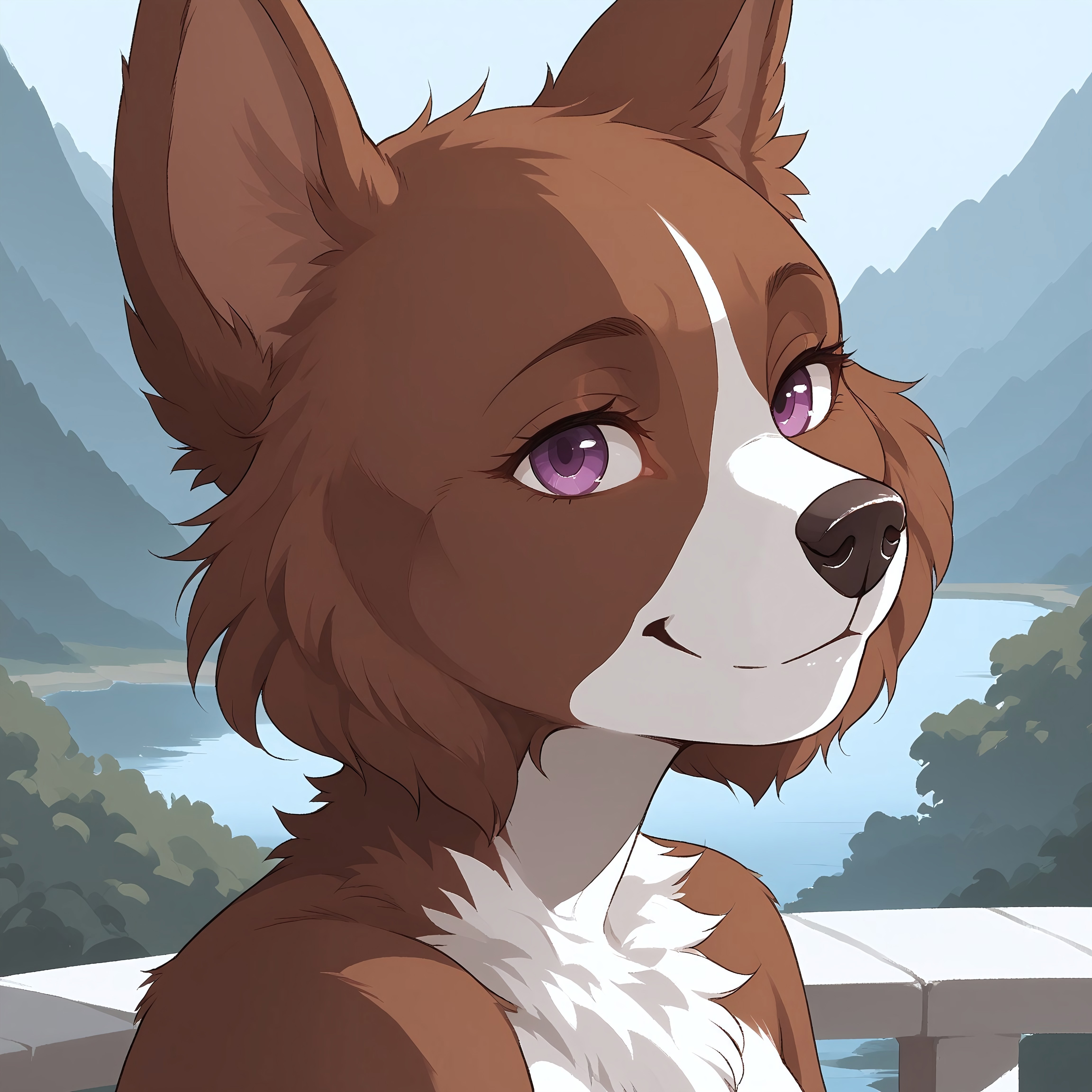 safe_pos, score_9, score_8_up, score_7_up, source_furry, warm atmosphere, warm colors, Claire, anthro, solo, dog, border collie, purple eyes, brown fur and white fur, <brown fur on ears>, black nose, close head shot, on balcony, forest landscape in the background, smiling at viewer, front view, side view.