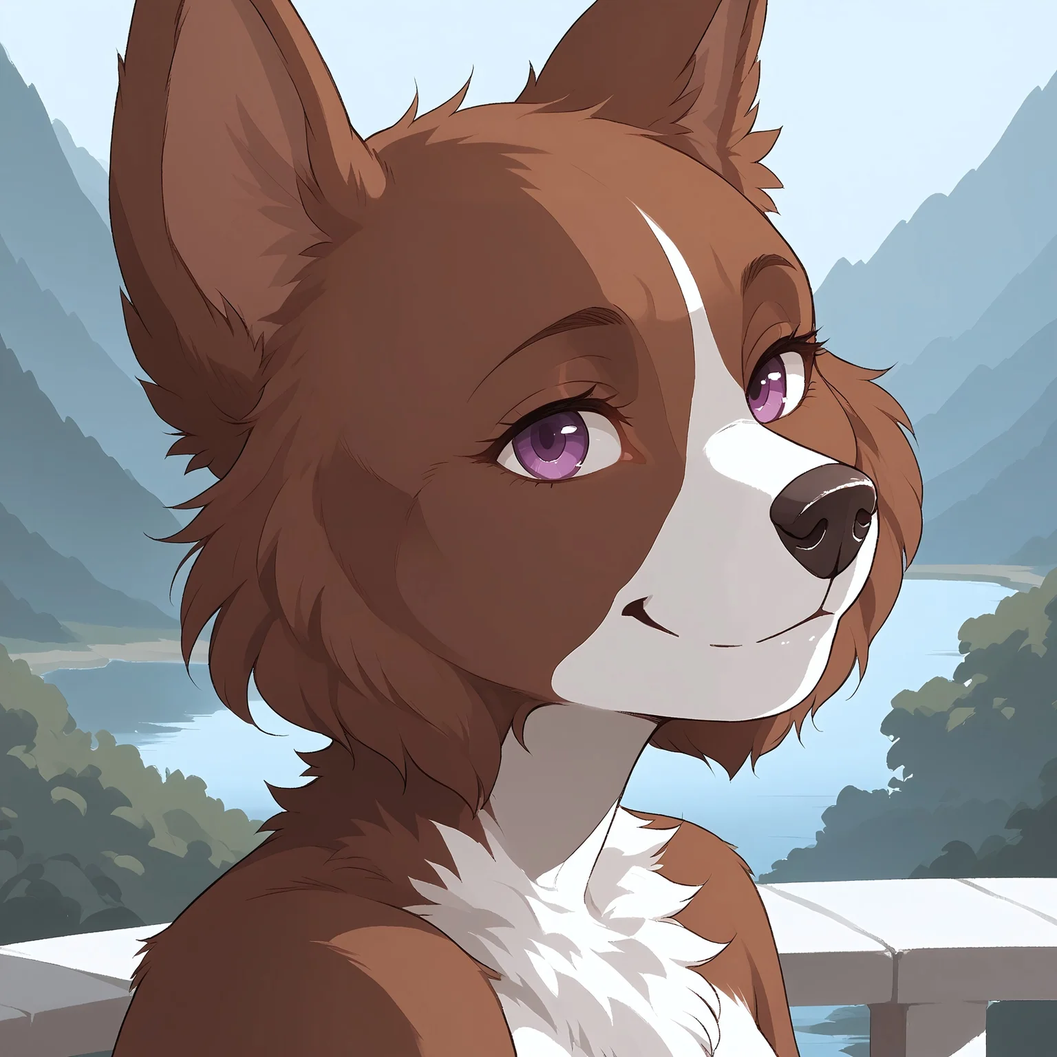 safe_pos, score_9, score_8_up, score_7_up, source_furry, warm atmosphere, warm colors, Claire, anthro, solo, dog, border collie, purple eyes, brown fur and white fur, <brown fur on ears>, black nose, close head shot, on balcony, forest landscape in the background, smiling at viewer, front view, side view.