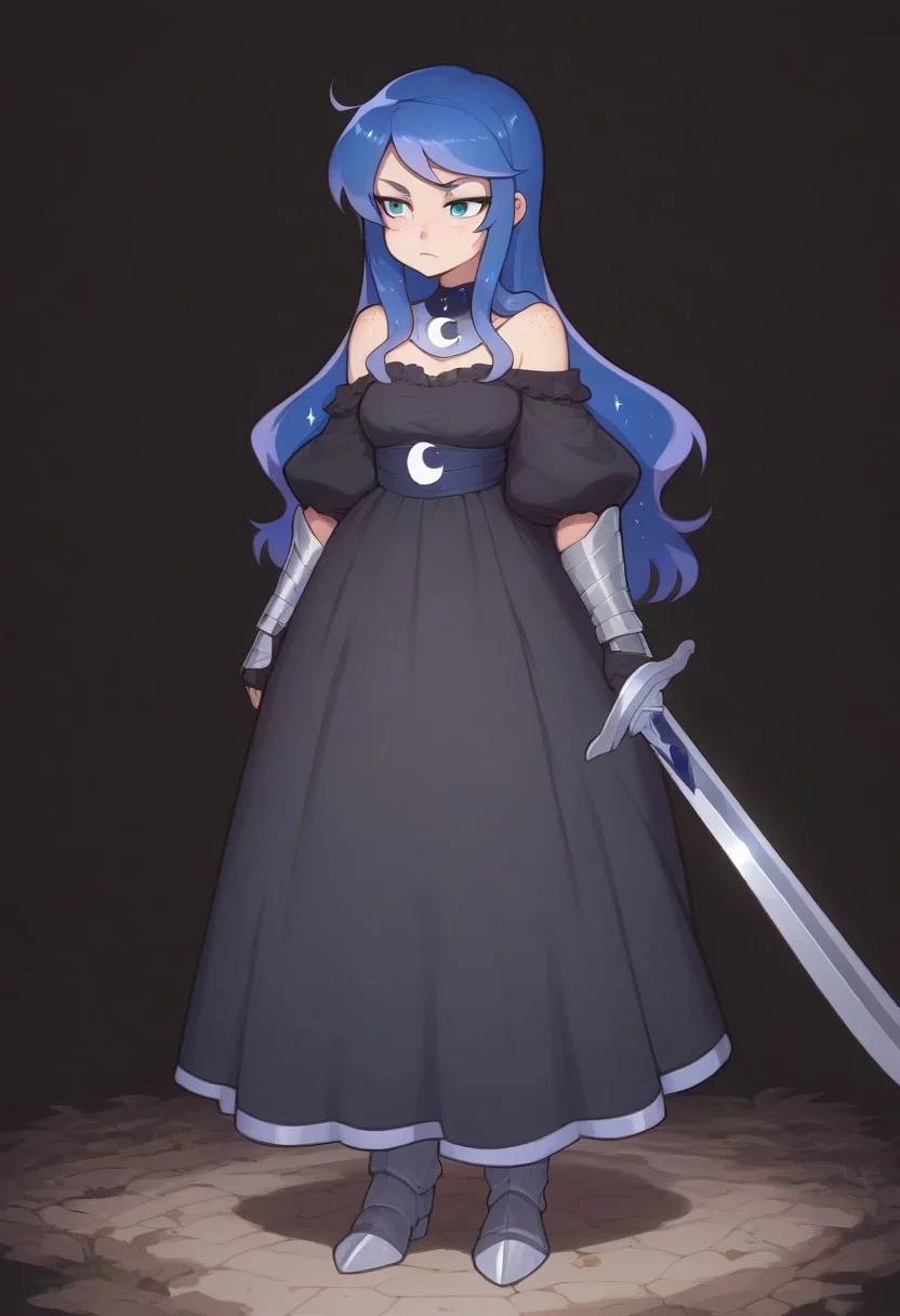 score_9, score_8_up, score_7_up, score_6_up, (humanized, human), 1girl,, (princess luna), blue hair, , long hair, ((freckles)), anatomically correct, medium breasts, dark background, photo_realistic:1.5, fully clothed, high resolution, ,serious face, lidded eyes, detailed background,(outside, on a hill, night time, soft glow, moonlit scene), big eyes, elegant dress, blue and black dress, (armored dress), looking away, standing, armored boots, holding a sword, full body, front view, exposed shoulders, detailed dress, freckles on shoulders, tall, clingy dress