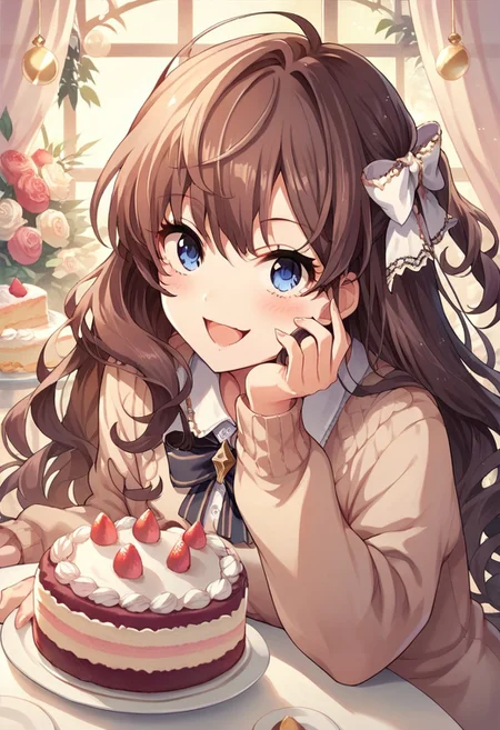 score_9, score_8_up, score_7_up, source_anime,ichinose shiki, long hair, brown hair, blue eyes, 1girl, solo, food, cake, open mouth, smile, looking at viewer, hair bow, bow, blush