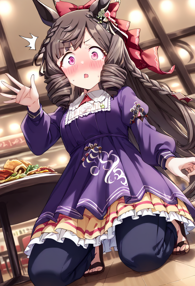 score_9, score_8_up, score_7_up, best quality, masterpiece, source_anime, zPDXL3, BREAK, <lora:daiichi_ruby_umamusume:1>  ,daiichi_ruby_(umamusume), daiichi_ruby_(casual)_(umamusume), low angle, Kneeling with one hand on the thigh, shocked, :o, wide open eyes , blush,, at a restaurant , modern indoors,,