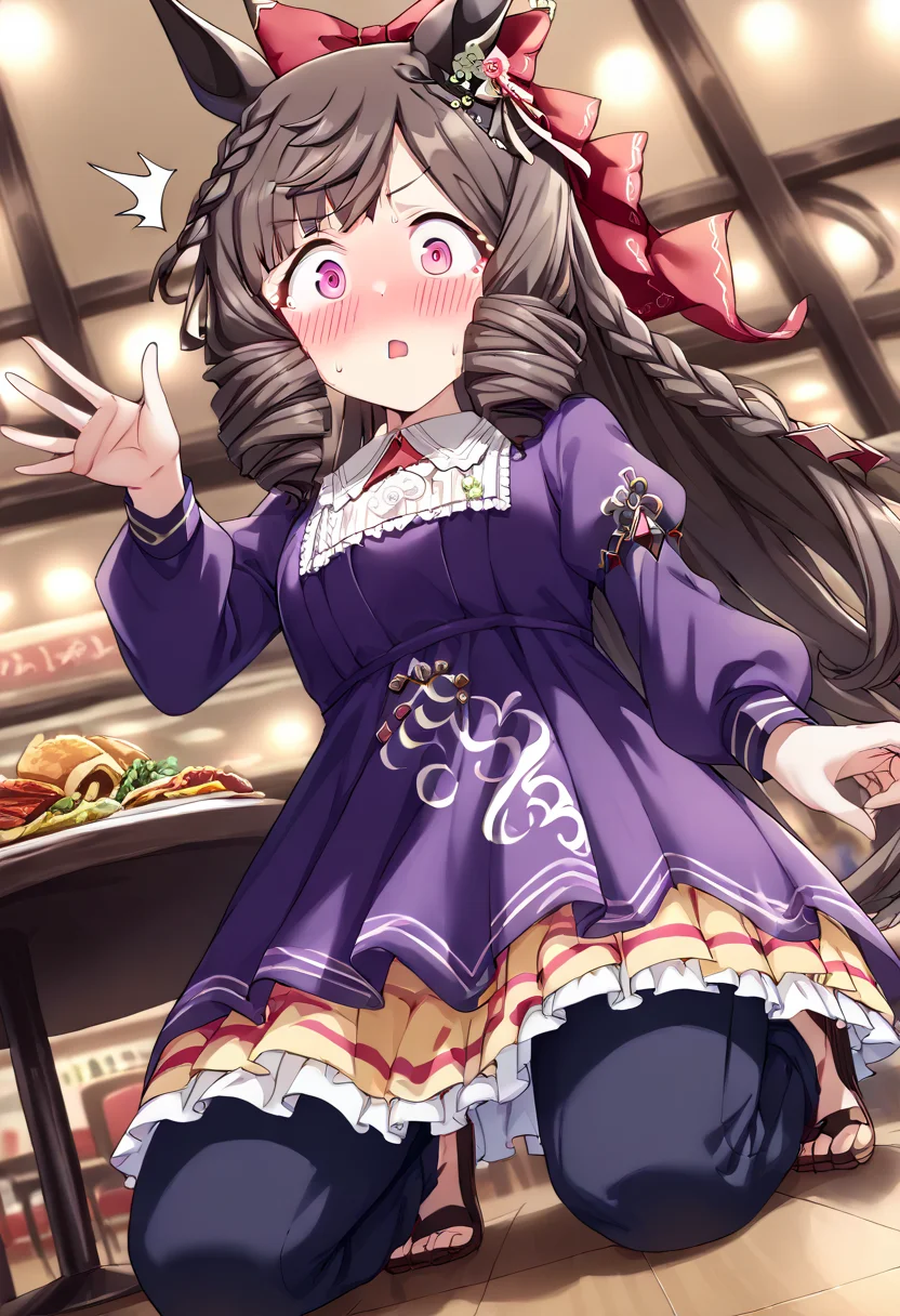 score_9, score_8_up, score_7_up, best quality, masterpiece, source_anime, zPDXL3, BREAK, <lora:daiichi_ruby_umamusume:1> ,daiichi_ruby_(umamusume), daiichi_ruby_(casual)_(umamusume), low angle, Kneeling with one hand on the thigh, shocked, :o, wide open eyes , blush,, at a restaurant , modern indoors,,