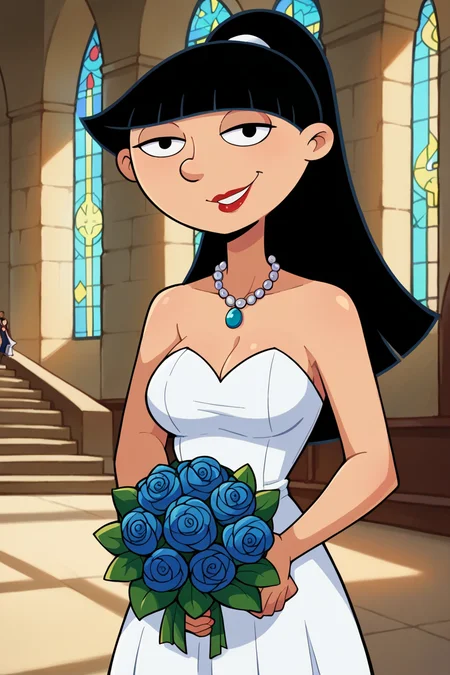 score_9, score_8_up, score_7_up, score_6_up, BREAK rhonda,1girl, solo,standing, black hair, long hair, ponytail,blunt bangs,red lips, black eyes, wedding dress, necklace,blue gemstone, indoors, church, altar,crowd,looking at viewer,smile,medium breasts,holding bouquet,(dark skin:0.8), <lora:RhondaPony:1>