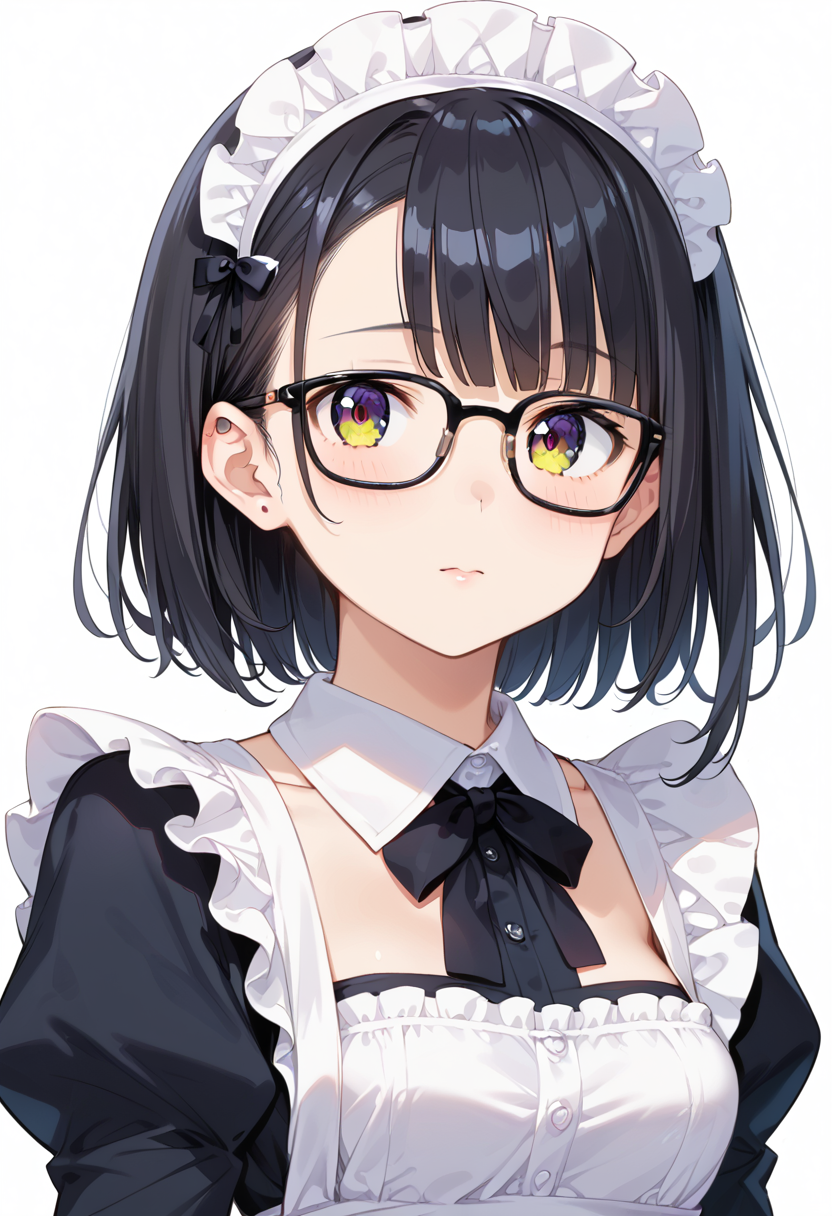 score_9, score_8_up, score_7_up, rating_safe, masterpiece, best quality, absurdres, unity 8k wallpaper, official art, official style, source_anime, uncensored, game cg, megami magazine,
1girl, solo, black hair, medium hair, upper body, covered eyes,maid, maid headdress, black dress, maid apron, face focus,
Wellington24S, glasses, white background, simple background, black-framed eyewear
 <lora:glasses_Wellington24S_PONY_V1:1>