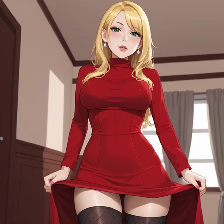 <lora:bishoujofreddy_pony_v1:.8>  BishoujoFreddy, 1girl, solo, blonde hair, large breasts, long hair,makeup, green eyes,   mole, eyeshadow, cowboy shot,  <lora:0965 Home wear 12_v1_pony:1> ruanyi0965,red dress,short dress,black pantyhose,argyle legwear,turtleneck,dress lift,bottomless,long sleeves