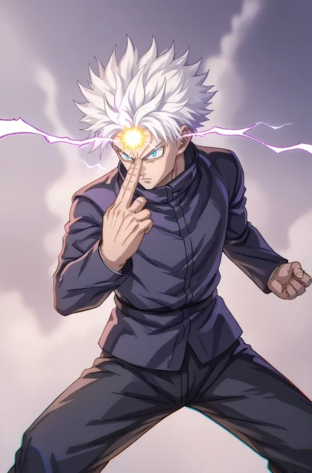 score_9, score_8_up, score_7_up, source_anime, <lora:makankosappo charge:1> makankosappo charge, finger on forehead, energy on finger, electricity, purple aura, fighting stance, 1 boy <lora:GojoXLv5:0.8> 1boy, white hair, short hair, satorugojo, black jacket, high collar, long sleeves, blue eyes, all back hair, uniform, fit cutting, black pants, school uniform,