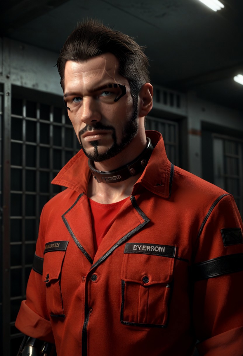 score_9, score_8_up, score_7_up, 1boy, 1man, adam_jensen, upper body, red prisoner's uniform, in sci-fi prison, collar on neck, cybernetic arms, high quality, perfect image, perfect anatomy, clear image
