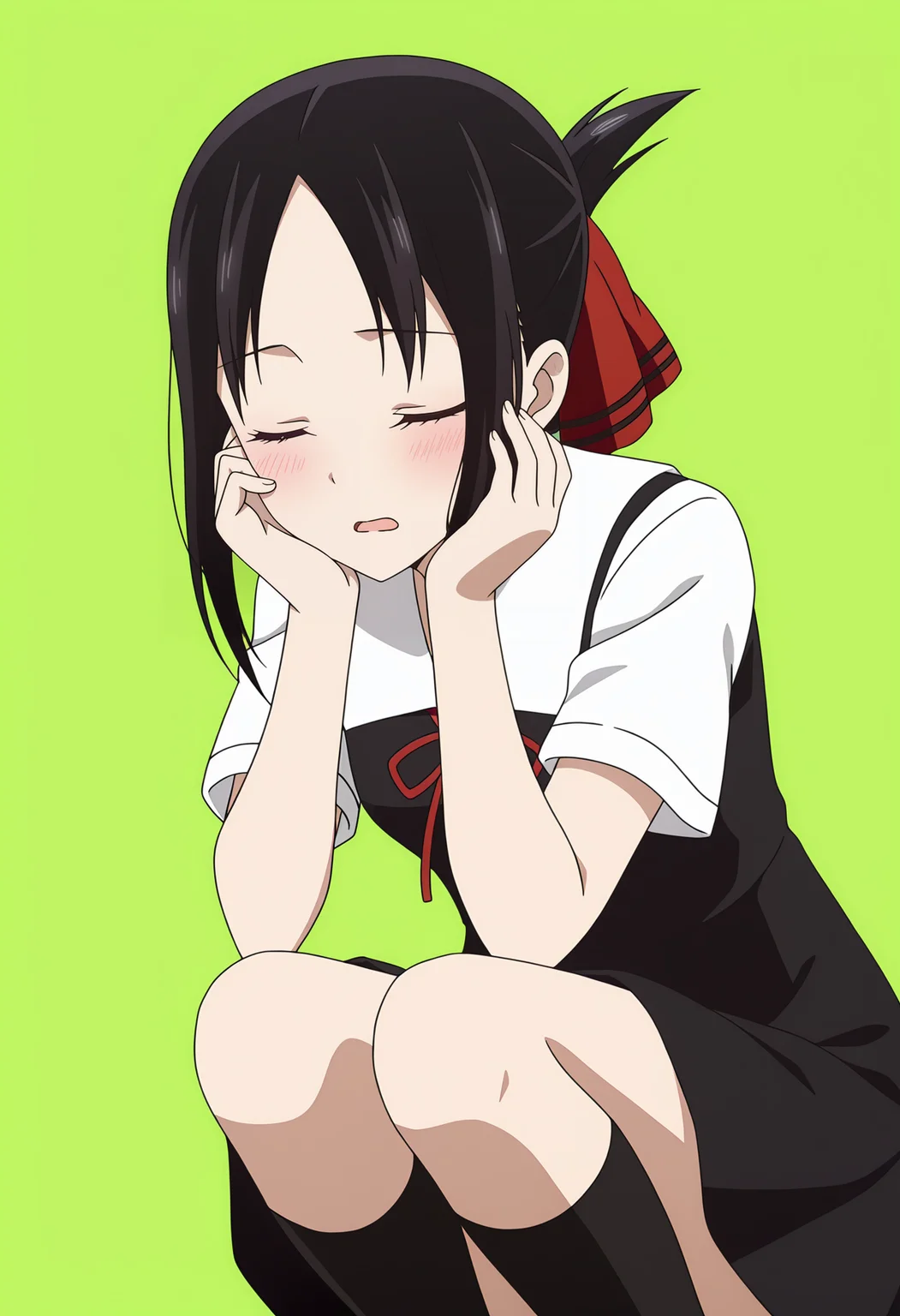 <lora:Kaguya SHINOMIYA_illustrious-000010:1>,1girl,Kaguya SHINOMIYA,
solo, closed eyes, school uniform, socks, black socks, blush, kneehighs, open mouth, hand on own face, ribbon, parted bangs, short sleeves, dress, hand on own cheek, green background, hair ribbon, squatting, shirt, anime screencap