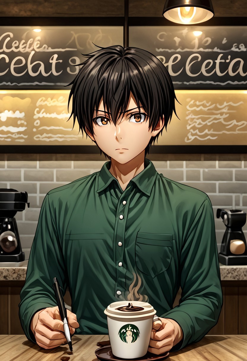 high resolution, solo, best quality, 1Boy, Seiya Kanie, Black Hair, Short Hair, Thin, Brown Eyes, Barista, coffee, espresso, cafe,