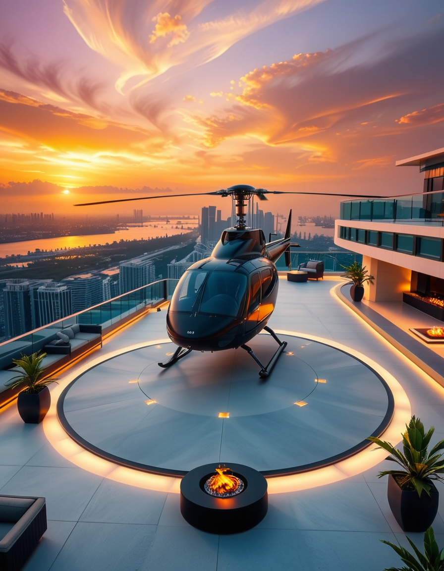 A high-resolution photo of a luxurious rooftop of a five-star hotel at sunset, featuring a sleek helipad with a high-end, matte-black private helicopter elegantly parked. The rooftop is designed with ultra-modern architecture, featuring a spacious terrace with infinity-edge glass railings, ambient lighting, and a panoramic city skyline in the background. The surface of the helipad is clean, polished concrete with clear illuminated markings. Surrounding the helipad, there are lounge areas with modern outdoor furniture, minimalist fire pits, and decorative planters with tropical greenery. The lighting is warm and golden, casting soft shadows and highlighting the contours of the helicopter and the textures of the rooftop. The sky is dramatic, painted with hues of orange, pink, and violet, creating a cinematic atmosphere of luxury and exclusivity. The overall mood is elite, calm, and aspirational, showcasing the ultimate in urban luxury lifestyle.
<lora:SDXLFaeTastic2400:0.4> <lora:extremely_detailed:0.4> extremely detailed, <lora:helipad_r00ft0p:1>,helipad r00ft0p, Masterpiece,best quality,hi res,8k,hi res,8k,award winning,(sharp focus, intricate, highly detailed),
