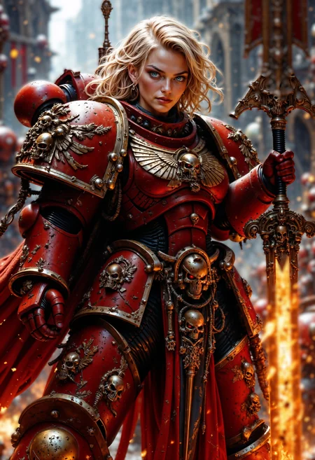 blonde female knight, wearing BloodA40K power armor, and holding a flaming double bladed sword <lora:FluxBloodA40K:1> <lora:FluxMythP0rtr4itStyle:0.7>