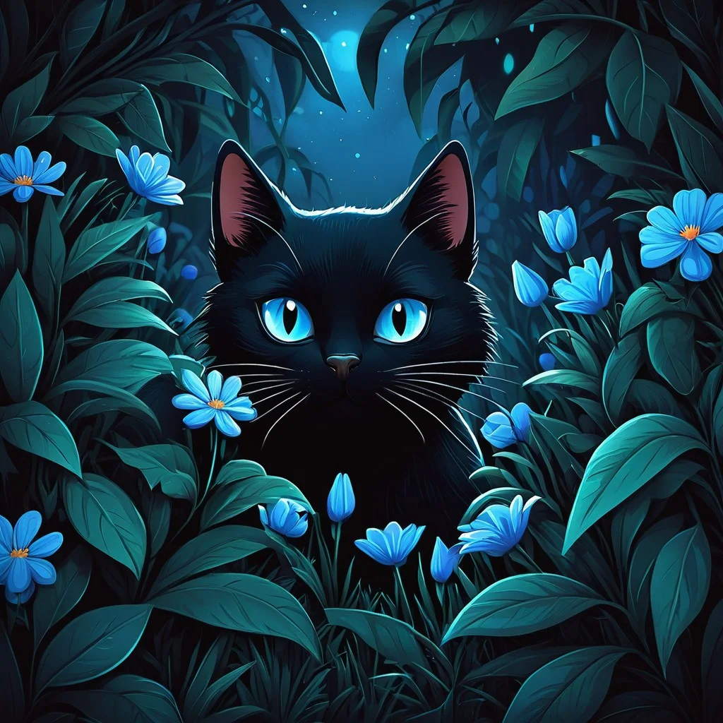 a black cat that is hiding in the bushes, behance art,
cool blue night color palette, love and cute, dream animal cute
eyes, inspired by Isaac Grünewald, anime nature wallpap, in
a dark flower wal, by carson ellis, bioluminescense glowing
flowers, dense lush forest at night, by Emma Andijewska, dark
vignette