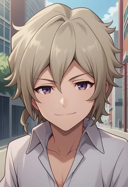 score_9, score_8_up, score_7_up, source_anime, highly detailed,
yoshiya, 1boy, male focus, solo, purple eyes, shirt, looking at viewer, smile, closed mouth, collared shirt,
white shirt, grey hair, portrait, hair between eyes,
outdoor, street, building, sky, cloud,