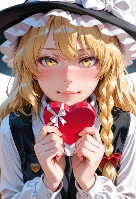 kirisame marisa, 1girl, black hat, black vest, blonde hair, blush, braid, hat bow, heart, long sleeves, looking at viewer, closed mouth, red bow, side braid, single braid, solo, valentine, very long hair, vest, white bow, witch hat, yellow eyes, head close-up, face focus, holding heart-shaped candy with two fingers, candy next to lips, (((realistic skin))), face focus, detailed face, detailed eyes, perfect eyes, detailed skin texture, ((Masterpiece)), ((Best quality)), ((Detailed)), amazing quality, very awa, highres, absurdres, (depth of field), 4k, newest, 8K, very aesthetic, (artist: Naruko Hanaharu:0.8), (artist: hews:0.7),