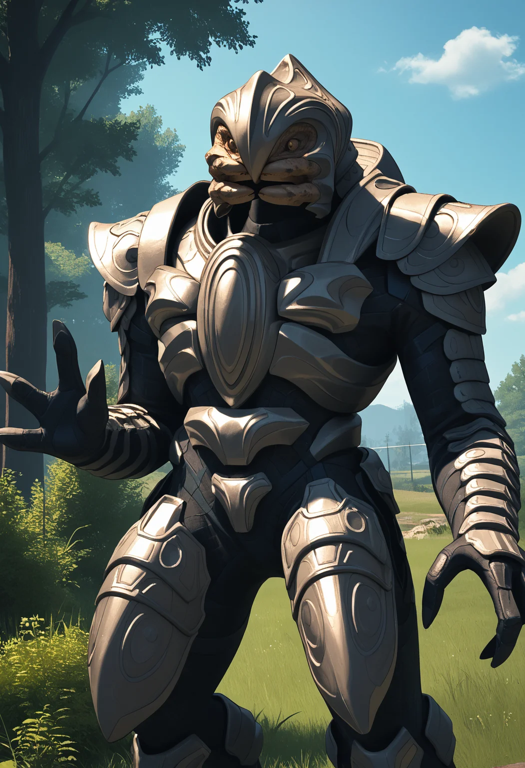score_9, score_7_up, source_anime BREAK solo, standing, <lora:arbiter-halo-richy-v1_pdxl:1> arbiter, helmet, grey armor, shoulder armor, mandibles, waving, outdoors, science fiction, 3 fingers