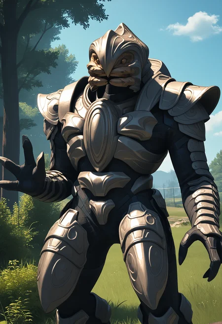 score_9, score_7_up, source_anime BREAK solo, standing, <lora:arbiter-halo-richy-v1_pdxl:1> arbiter, helmet, grey armor, shoulder armor, mandibles, waving, outdoors, science fiction, 3 fingers