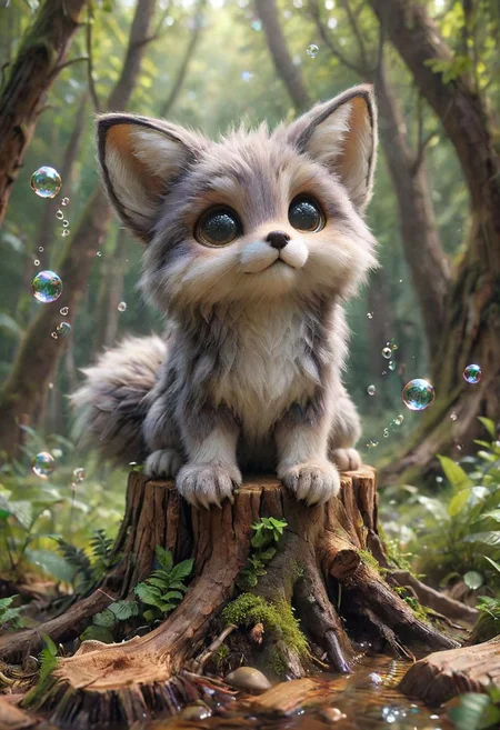 (full body:1.3),
Photo of National Geographic,
1 cute fluffy for hybrid of fox and fennec,
it is the most beautiful and wonderful thing, it behaves in a special way, subtly with a pose of great fierceness, adorable, cat ears, cat tail, fine and stylized body, eyes for lion,
eyes should be large and expressive, a moment of curiosity or playfulness.,
Capturing the essence of mischief,
perched stump, with wood chips,
playing with soap bubbles,
surreal landscape, imagination swirling, dreamworld,
art by Agnes Cecile:0.8;,
by Phil Koch:0.4,
by greg rutkowski:0.6,
trending on artstation,
Pixar render,
(realistic:1), details down to every fluff,
(masterpiece:1.2), (best quality:1.2), sharp focus, (8k), beautiful, high quality, (hightres:1.1), detailed, extremely detailed, intricate, hyper detailed, illustration, soft lighting, high resolution, sharp detail, perfect lighting,
very dark focused flash photo, amazing quality, masterpiece, best quality, hyper detailed, ultra detailed, UHD, perfect anatomy, dof, hyper-realism, majestic, awesome, inspiring,
<lora:zhibi:0.8>,
<lora:OMG-Is-DucHaiten_v1.0:0.8>,
<lora:Cute_3D_Cartoon:0.4>,
<lora:Colorful_Fuzzy_Style:0.6>