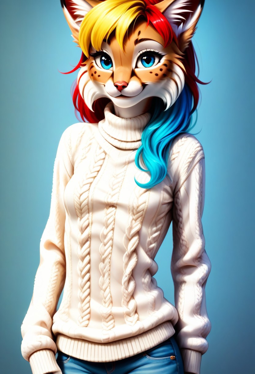 digital_media_(artwork) hi_res, score_9, score_8_up, score_7_up, score_6_up, score_5_up, score_4_up, rating_safe, anthro, furry, female, furry female, detailed textured fur, fur tufts, lynx, slim, slender, small breasts, cute, sweater, denim jeans, multicolor hair, streaked hair, red hair, blue hair, blonde hair, blonde fur, detailed blue eyes, smile, solo, SFW, AsahinaMP,
