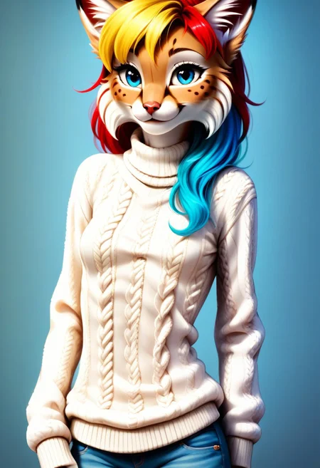 digital_media_(artwork) hi_res, score_9, score_8_up, score_7_up, score_6_up, score_5_up, score_4_up, rating_safe, anthro, furry, female, furry female, detailed textured fur, fur tufts, lynx, slim, slender, small breasts, cute, sweater, denim jeans, multicolor hair, streaked hair, red hair, blue hair, blonde hair, blonde fur, detailed blue eyes, smile, solo, SFW, AsahinaMP,