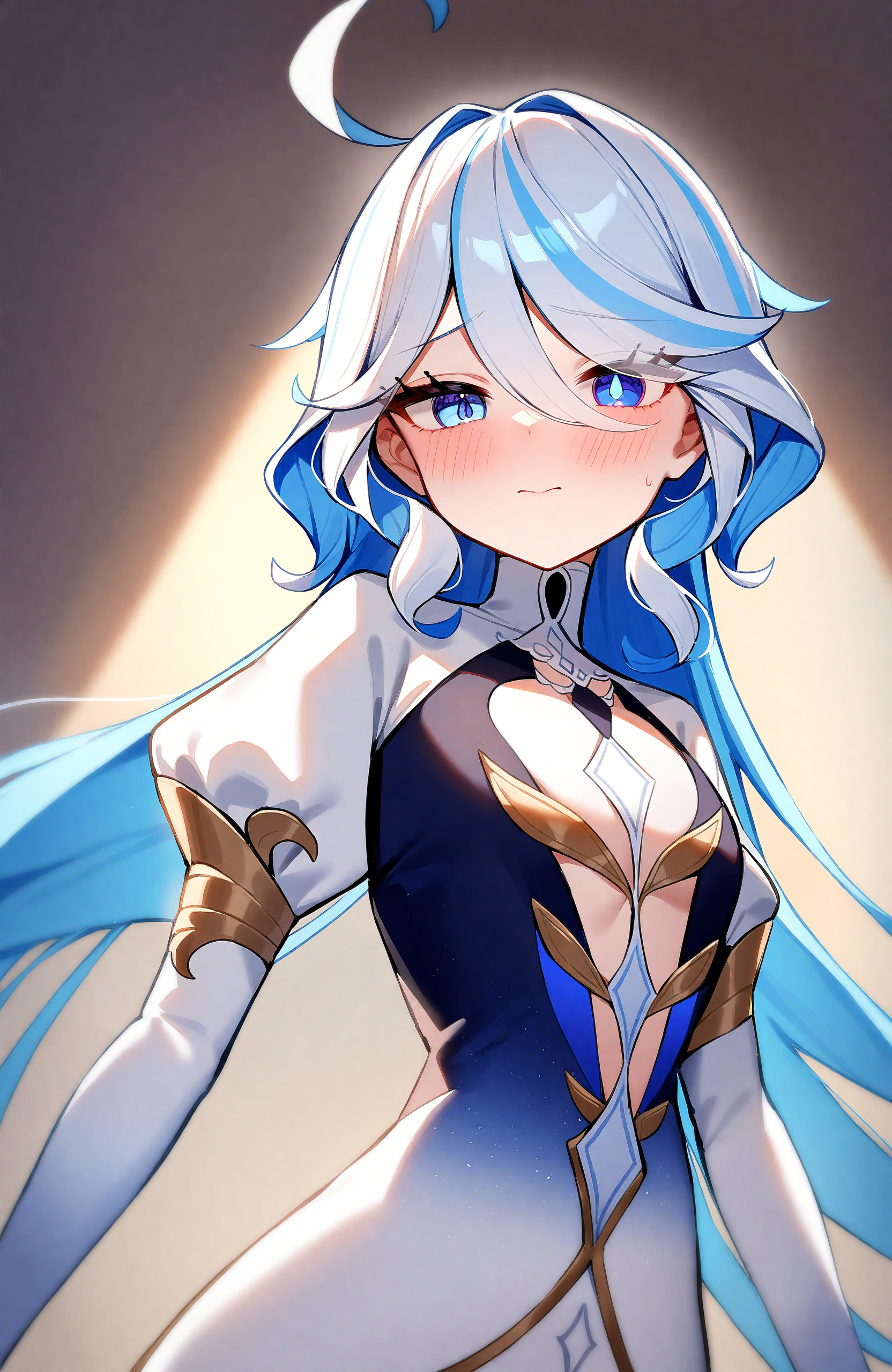 masterpiece,best quality,very aesthetic,absurdres,
focalors,1girl,ahoge,blue eyes,blue hair,blush,closed mouth,dress,drop-shaped pupils,juliet sleeves,long hair,long sleeves,looking at viewer,puffy sleeves,sidelocks,simple background,solo,twitter username,two-tone hair,upper body,white background,white dress,
<lora:Furina_v3:1>,