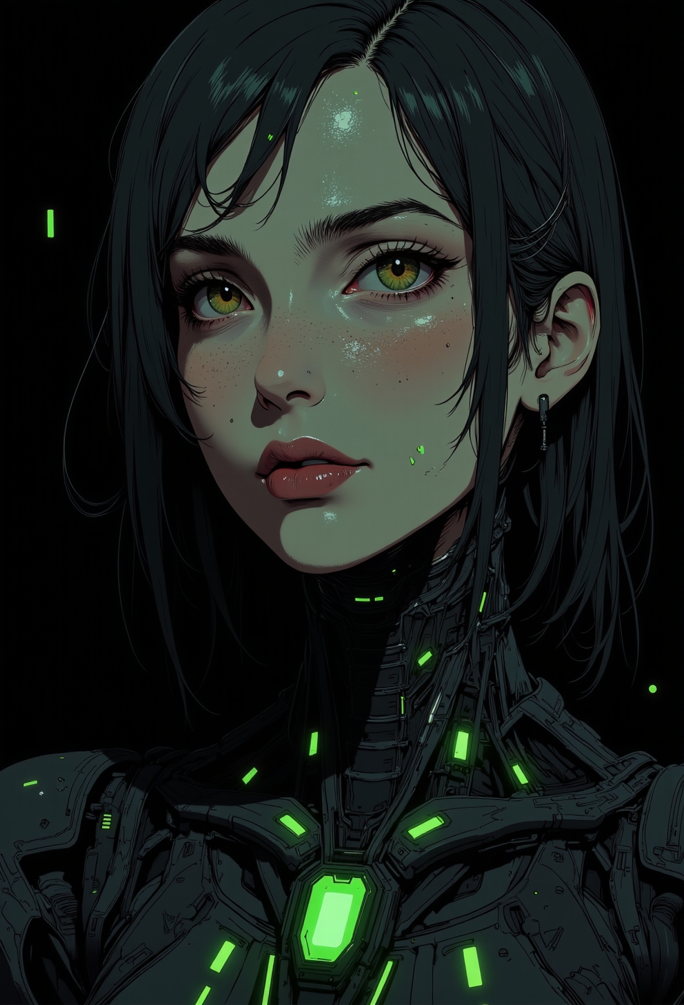 <lora:ck-nc-luminal-genesis:1>, A digital anime artwork in the style of cklg, A mesmerizing close-up portrait of an alien woman, her striking features blending extraterrestrial elegance with subtle mechanical elements. Her skin has a smooth, otherworldly texture, adorned with small, organic patterns. Her long, wavy hair cascades around her face, but in the Gameboy-style palette of green, white, and black. Mechanical elements are seamlessly integrated into her face and neck—sharp, angular pieces emerge like delicate circuitry. The chiaroscuro-inspired lighting brings deep contrast, with bold shadows enhancing her alien beauty. The black background and limited palette emphasize the alien and mechanical features, while a soft green glow outlines parts of her face and hair, creating a futuristic yet nostalgic visual reminiscent of early handheld gaming.
<lora:ck-Sci-Fi-Concepts:0.3>
<lora:flux.1_lora_flyway_Epic-detail_v2:0.6>
<lora:test2:0.7>
<lora:Anime v1.3:0.2>