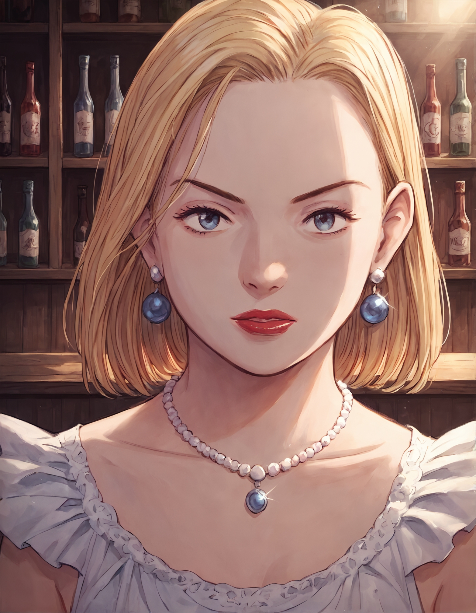 score_9, score_8_up, score_7_up,score_6_up,high resolution,n4a0kistyle,eva,1girl,solo,blonde hair,medium hair,dress,earrings,necklace,lipstick,make-up,in a bar,volumetric lighting,rim lighting,dof,dramatic shadow,looking at viewer,close-up,dynamic pose,looking at viewer,pov,front view,standing