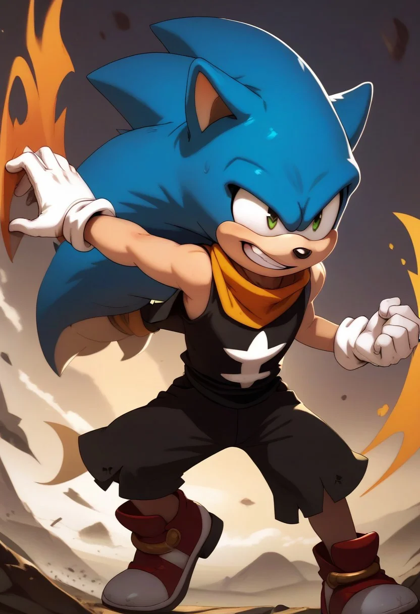 <lora:PonyQuality_V3.3:0.8>,,<lora:Wakfu_CharacterPackV02:1>,score_9, score_8_up, score_7_up, Sonic the hedgehog, blue hedgehog, blue fur, white gloves, green eyes, red shoes, sonic the hedgehog style, <lora:2.5DCartoonV2:0.8>,solo,epic,fight,
