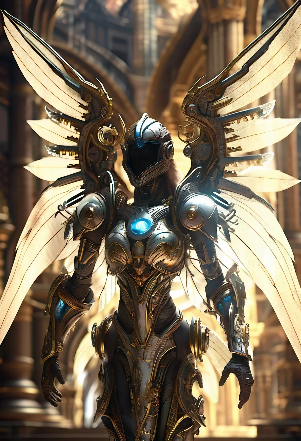 angelic biomechanoid, (glass wings:1.5), semi-translucent bones, iridescent armor plating, burning sigils embedded in skin, solar flare halo, glowing ribs, divine energy veins, mechanical feathers dripping molten light, (hyperdetailed divine face), glowing pupils, floating over a ruined cathedral bathed in eclipse light, volumetric glow, dust and ash in the air, cinematic HDR realism, DSLR look, intricate shading, ultra-realistic detail, shallow DoF, dreamlike color bleed, backlight intensity, film grain, subtle chromatic aberration, subsurface light bounce, mystic solar ambiance