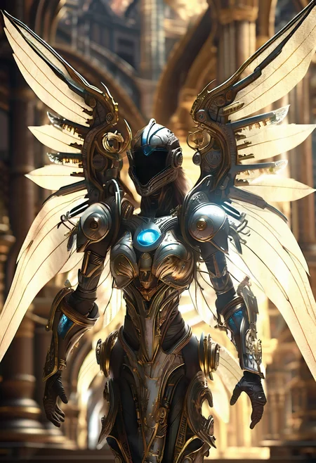 angelic biomechanoid, (glass wings:1.5), semi-translucent bones, iridescent armor plating, burning sigils embedded in skin, solar flare halo, glowing ribs, divine energy veins, mechanical feathers dripping molten light, (hyperdetailed divine face), glowing pupils, floating over a ruined cathedral bathed in eclipse light, volumetric glow, dust and ash in the air, cinematic HDR realism, DSLR look, intricate shading, ultra-realistic detail, shallow DoF, dreamlike color bleed, backlight intensity, film grain, subtle chromatic aberration, subsurface light bounce, mystic solar ambiance
