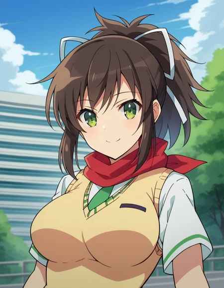 score_9, score_8_up, score_7_up, source_anime,
skasuka, <lora:sk-asuka-ponyxl-lora-nochekaiser:1>
asuka, brown hair, green eyes, ribbon, hair ribbon, ponytail, smile, large breasts,
skirt, school uniform, necktie, scarf, short sleeves, sweater, sweater vest,
outdoors, cityscape,
looking at viewer, dutch angle, cowboy shot