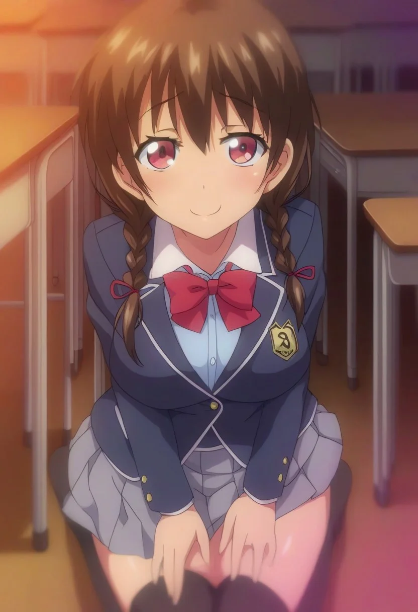 score_9, score_8_up, score_7_up, source_anime, (nsfw:1.0), BREAK,
JoshiLuck_AnimeStyle,
(cute 1girl), solo, (large breasts),skinny body, red eyes, (tareme), dark brown hair, braids, (low twinbraids), ribbon, (red ribbon),
school uniform, bow, red bow tie, blazer, (blue blazer), button, white shirt, gray mini skirt,
looking at viewer,
angle:random, focus on girl,
indoors, classroom,