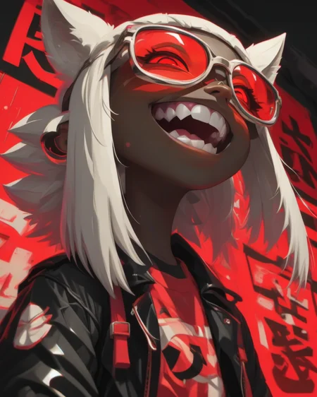 <lora:Punk_Anime_XL:1>,
smile, mole, black jacket, heterochromia, tinted eyewear, half-closed eyes, ear piercing, o-ring, fur trim, glowing, glowing eyes, shirt, backpack, pointy ears, white shirt, skirt, black serafuku, red background, bangs, dark skin