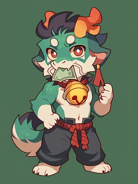 score_9, score_8_up, score_7_up, high quality, hires, male, solo, anthro, furry, money in mouth, topless, chibi, looking at viewer, bell, full body, <lora:Greene:1>
