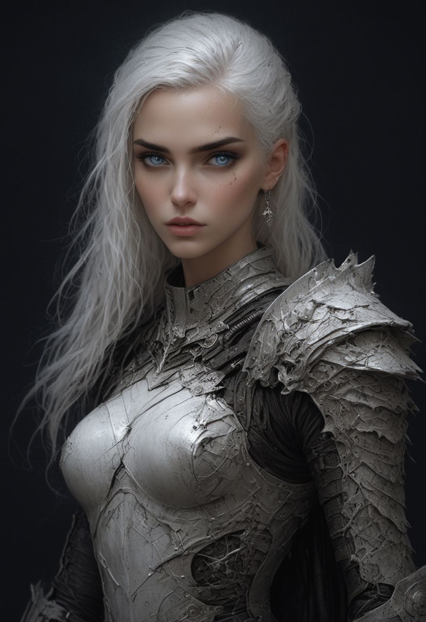 high quality, 8K Ultra HD, paintings with a Victoria Frances-like atmosphere, Detailed illustration, 1girl, armor, weapon,  solo, shoulder armor, blue eyes, pauldrons, white hair, looking at viewer, power armor, standing, paintings with a mysterious touch, awesome full color,  <lora:EpicF4nta5yXL:0.8>
