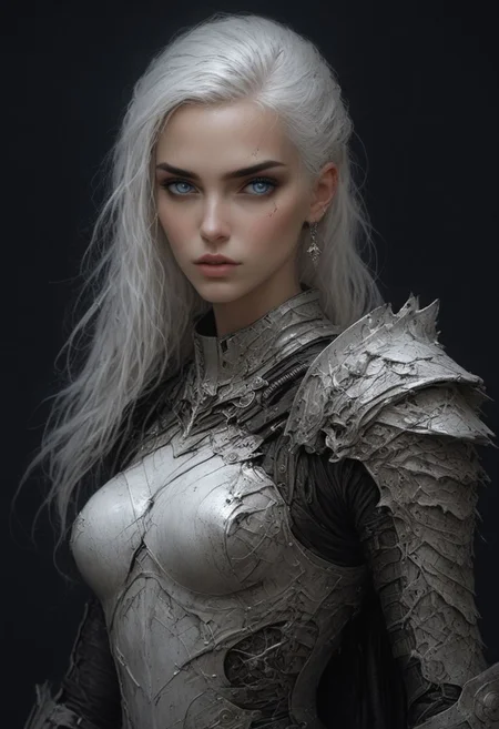 high quality, 8K Ultra HD, paintings with a Victoria Frances-like atmosphere, Detailed illustration, 1girl, armor, weapon, solo, shoulder armor, blue eyes, pauldrons, white hair, looking at viewer, power armor, standing, paintings with a mysterious touch, awesome full color, <lora:EpicF4nta5yXL:0.8>
