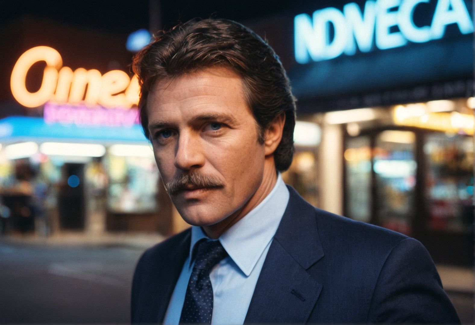 ((CinematicPortrait analog photo)) middle aged suit  man moustache nighttime street outdoors, blue eyes, (shop neon sign), ((soft focus, depth of field, bokeh, film grain, looking at viewer)) <lora:CinematicPortraitXL_v3:0.65>