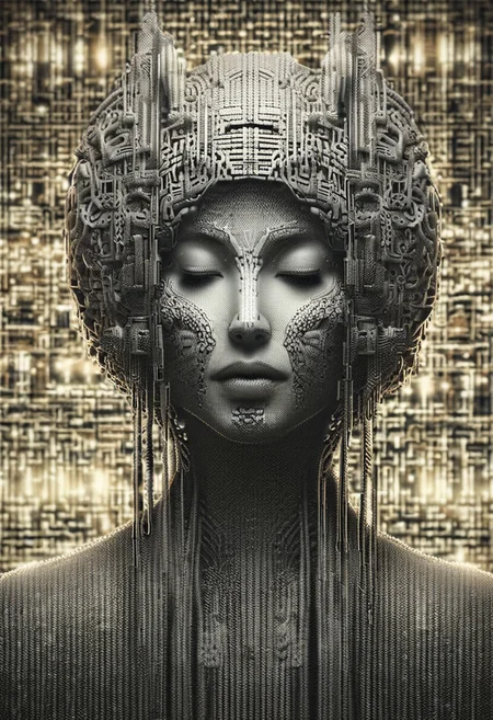 Neo Photorealistic Art Style, A Japanese girl with long fox ears and flowing black hair stands confidently in futuristic fashion. Surrounded by a maze of glowing tube lights, she embodies Neo-Japan surrealism, blending avant-garde style with cutting-edge elegance.