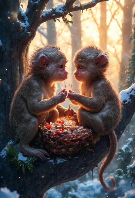 A pair of MONKEY perched on a sturdy, snow-covered tree branch, deep in a quiet winter forest. Their soft feathers are dusted with tiny snowflakes, glowing gently in the golden light of the setting sun. They work together carefully, weaving delicate heart-shaped twigs into their cozy nest, which is nestled securely between the branches. The nest is lined with soft feathers and tiny bits of red ribbon, as if gathered from a nearby village. Snowflakes drift slowly through the crisp evening air, catching the light like tiny stars. In the background, tall evergreen trees stand silent and majestic, their branches heavy with fresh snow. A few small red berries peek through the frost, adding a pop of color to the serene, heartwarming scene. The monkey's large, expressive eyes reflect the warm glow of the sunset, filled with love and devotion as they craft their perfect home together.